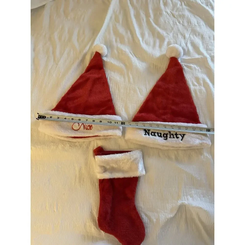 Lot of 2 Christmas Santa Hats Naughty Nice Embroidered Small Stocking Red